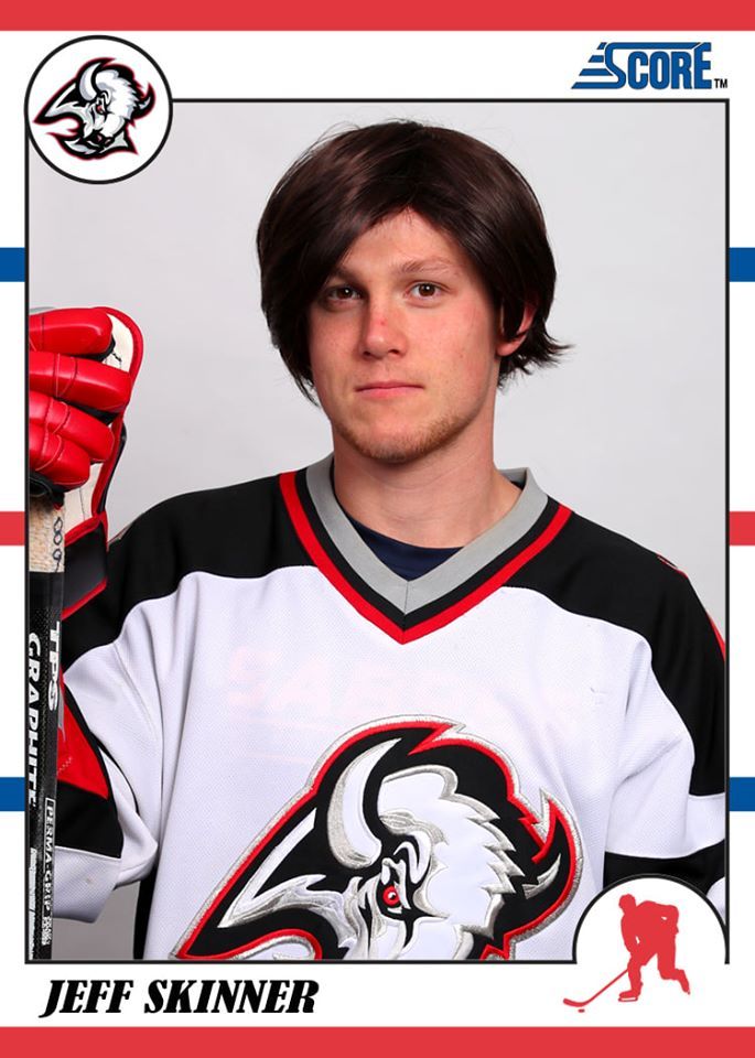 a hockey card featuring a young man holding a stick and wearing a jersey with an eagle on it