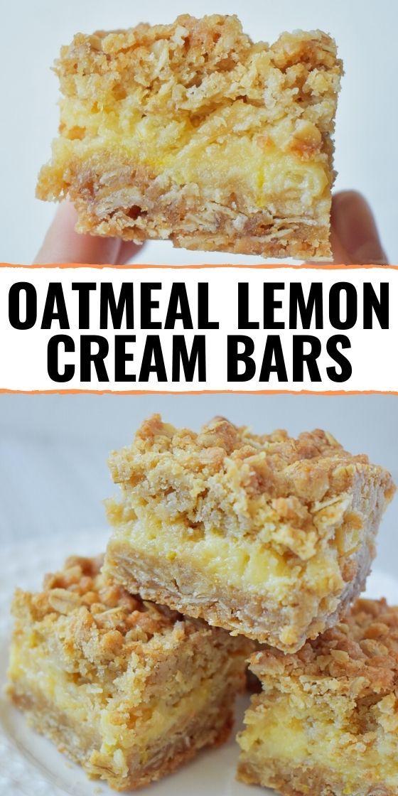 oatmeal lemon cream bars stacked on top of each other with the title above it