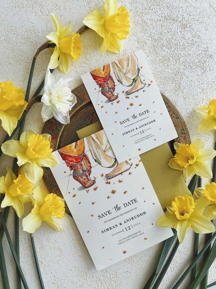 the wedding stationery is surrounded by daffodils and yellow tulips