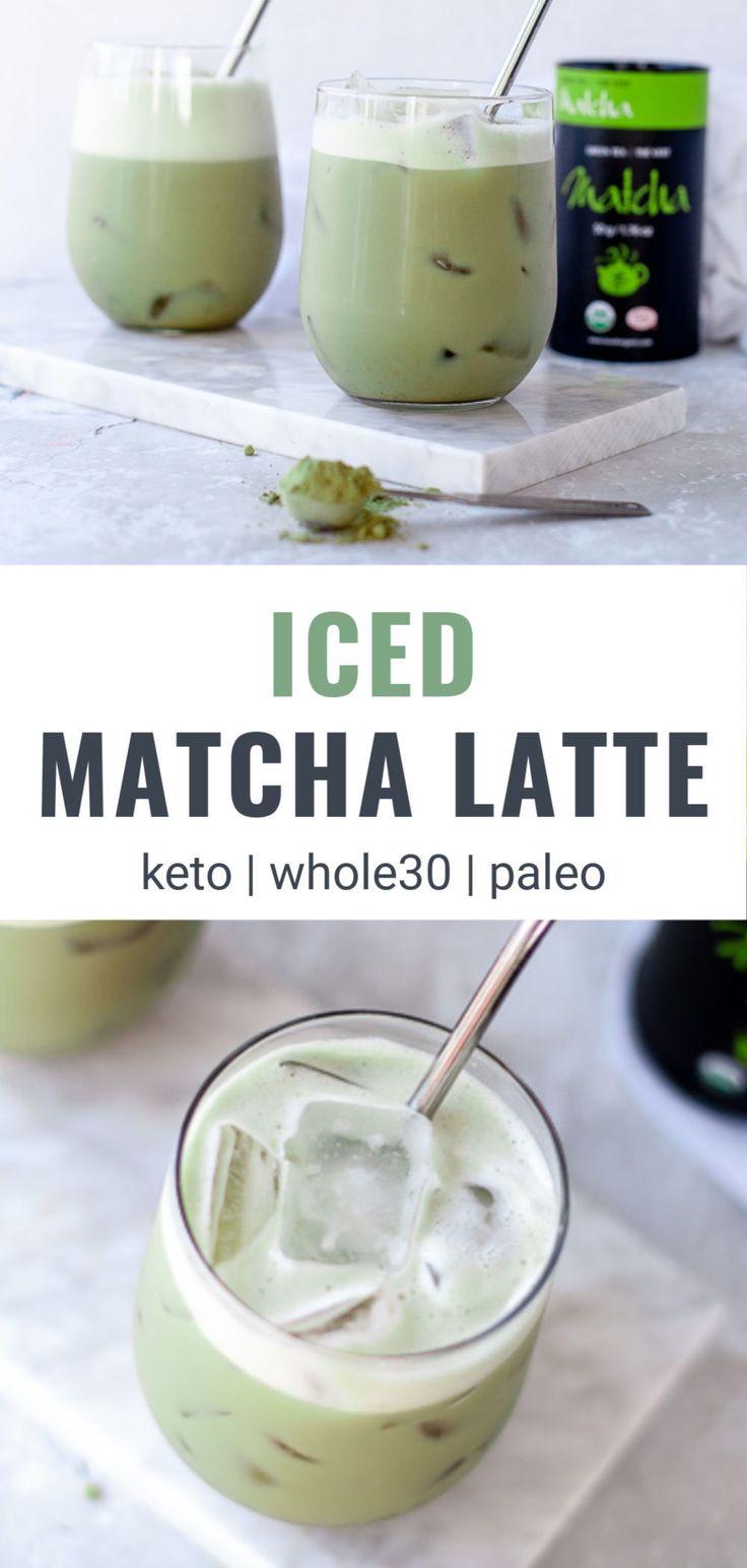 two iced matcha lattes in glasses with ice on the top and bottom