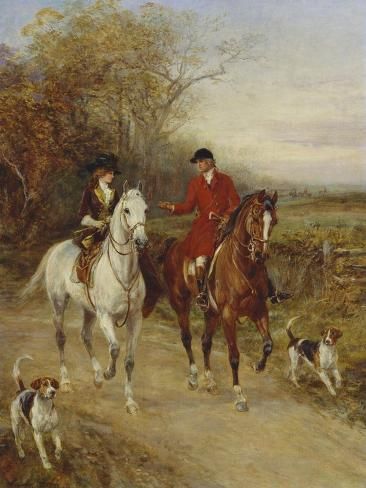 a painting of two men riding horses and dogs on a dirt road with trees in the background