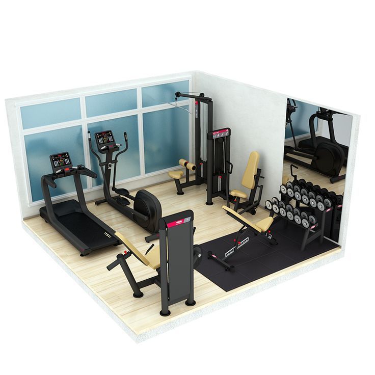 an exercise room is shown with treadmills, machines and other equipment in it