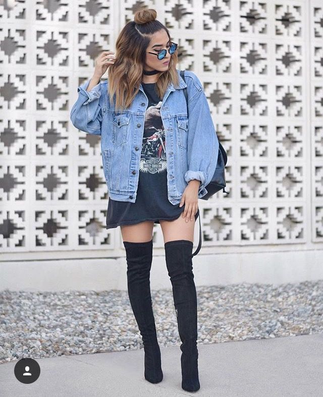 Look 80s, Long Tshirt Dress, Oversize Tshirt Outfits, Tshirt Dress Outfit, Fest Outfits, Shirt Dress Outfit, Denim Jacket Outfit, Look Rock, Denim On Denim