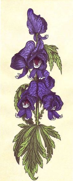 a drawing of purple flowers with green leaves