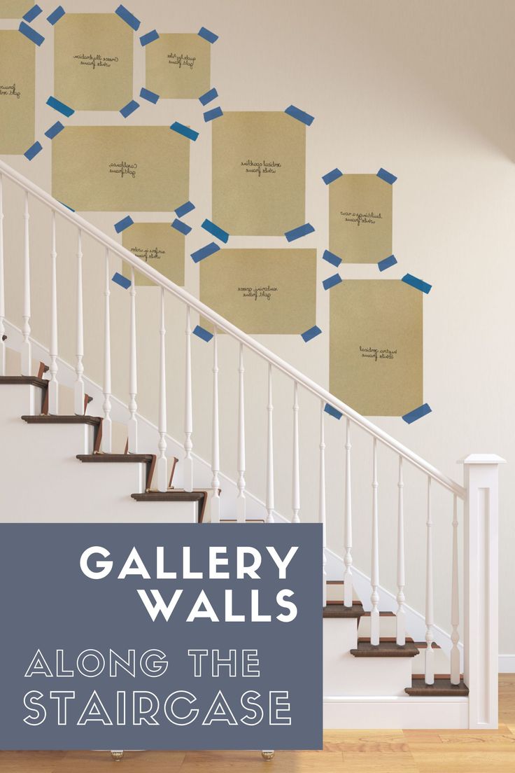 a stair case with sticky notes attached to the wall next to it and an ad for gallery walls along the staircase