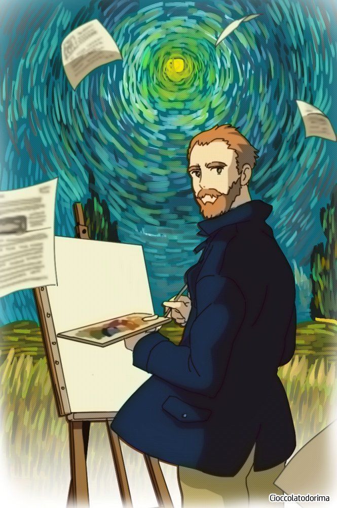 a man sitting in front of a easel with papers flying around him and looking at the sky