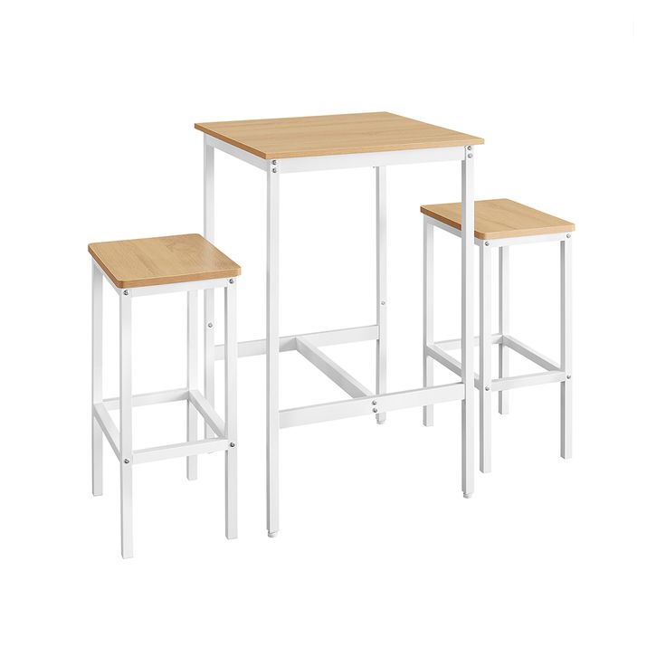 three white and wood stools with one wooden seat on each side, against a white background