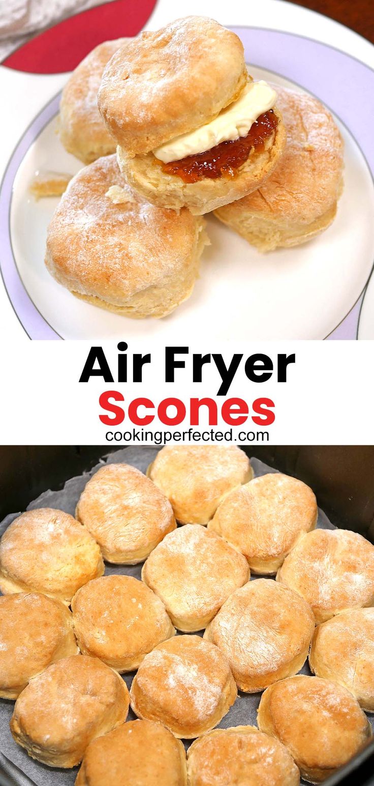 an air fryer with some biscuits on it and the words, air fryer scones