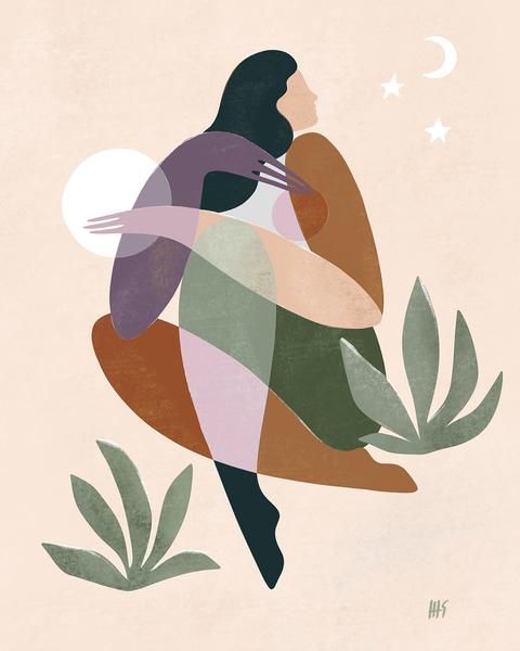 an illustration of a woman with her back to the camera, holding onto a plant