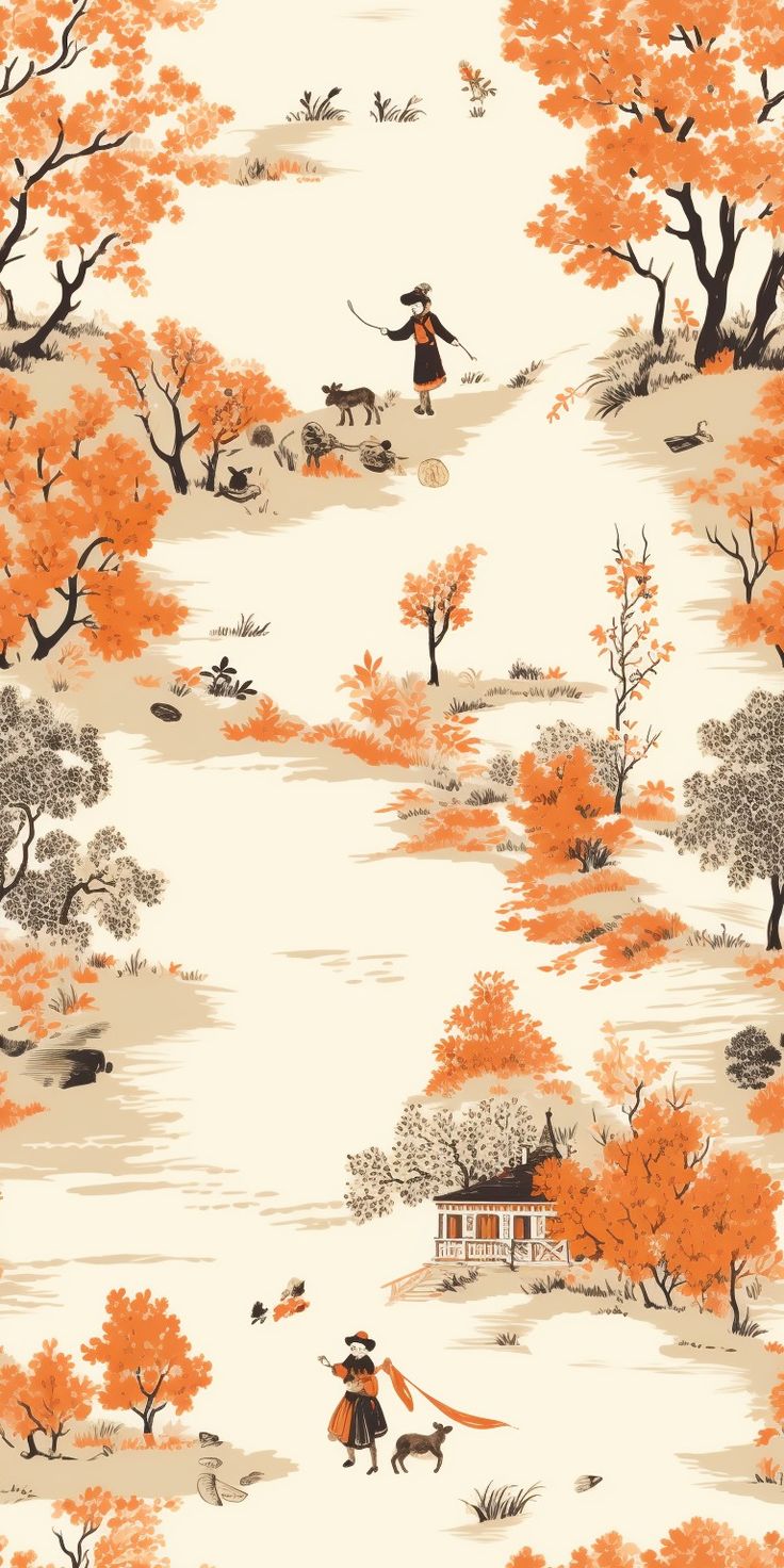 an orange and white wallpaper with a woman walking her dog in the woods on it