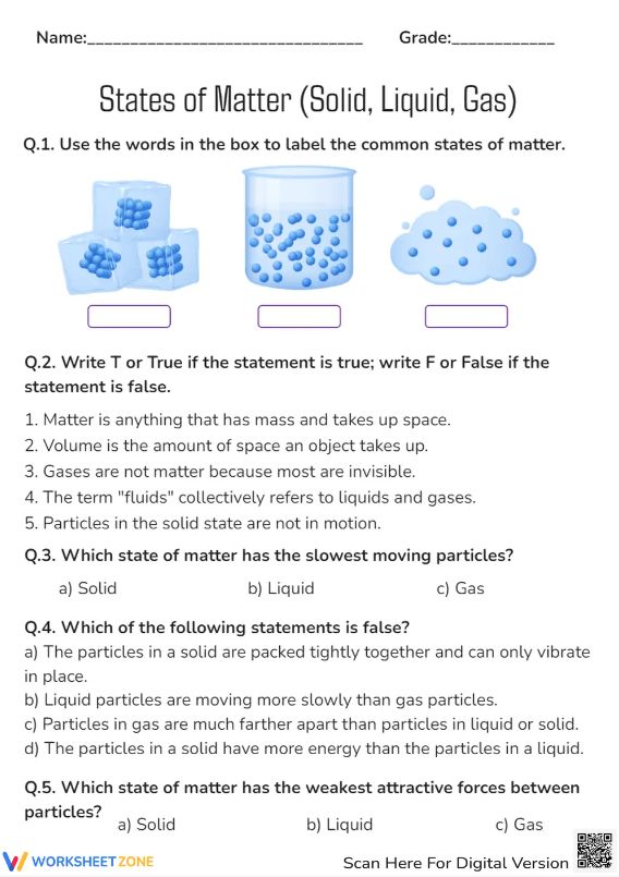 states of matter liquid gas worksheet with answers and answer sheet for grade 2