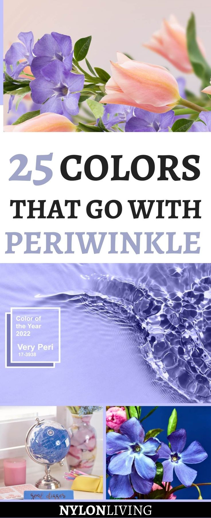 the cover of 25 colors that go with periwinkle, including blue and pink flowers