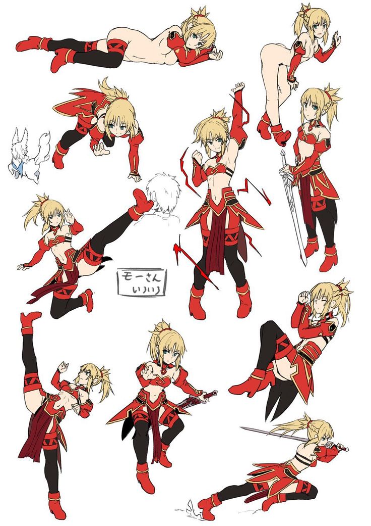 the character sheet for an animated video game, featuring various poses and hair styles in different positions