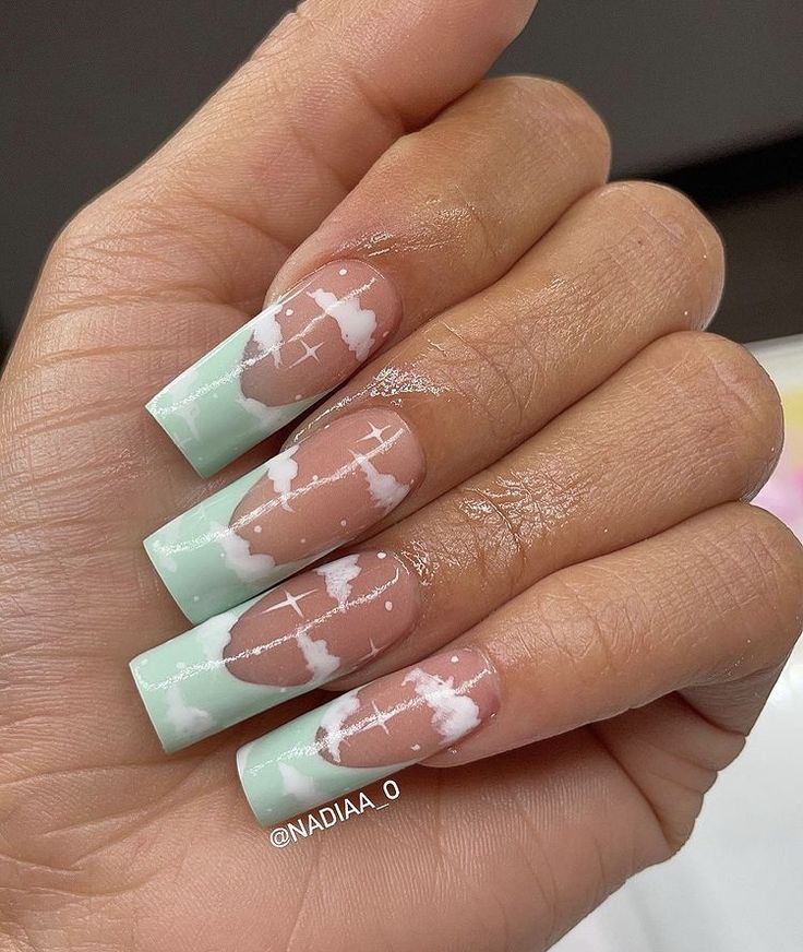 Simple Acrylic Designs, Summer Spring Nails, Cloud Nails, Mint Green Nails, Mint Nails, Green Acrylic Nails, Pastel Nails Designs, Simple Acrylic, Cute Simple Nails