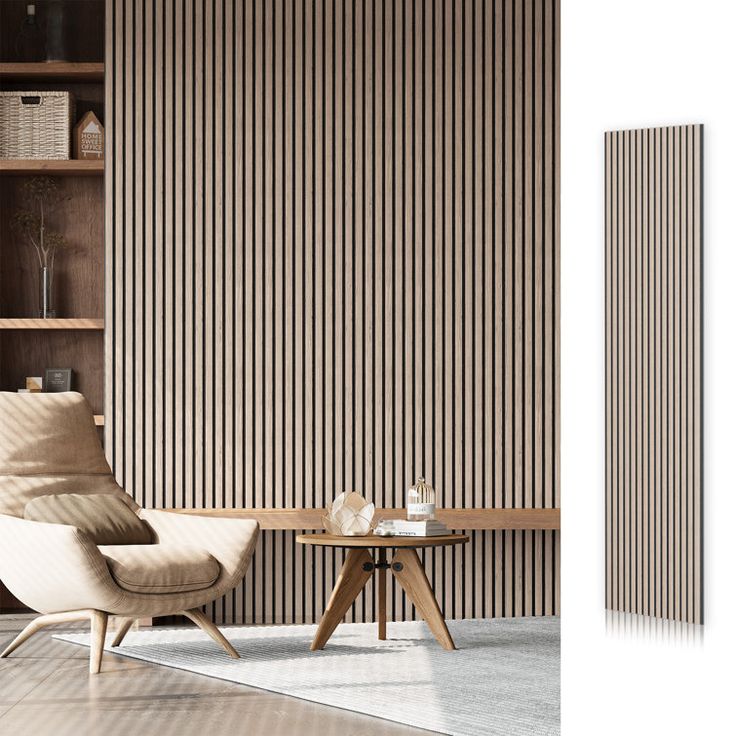 a chair and table in front of a wall with vertical striped panels on the walls