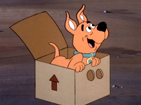 a cartoon dog is sitting in a cardboard box