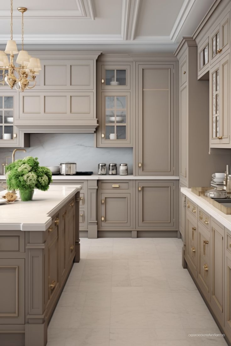 a large kitchen with beige cabinets and white counter tops, along with a chandelier hanging from the ceiling