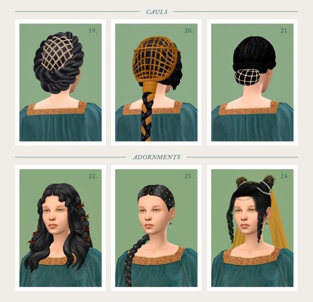 four different hairs styles for women with braids and buns in their hair, each wearing