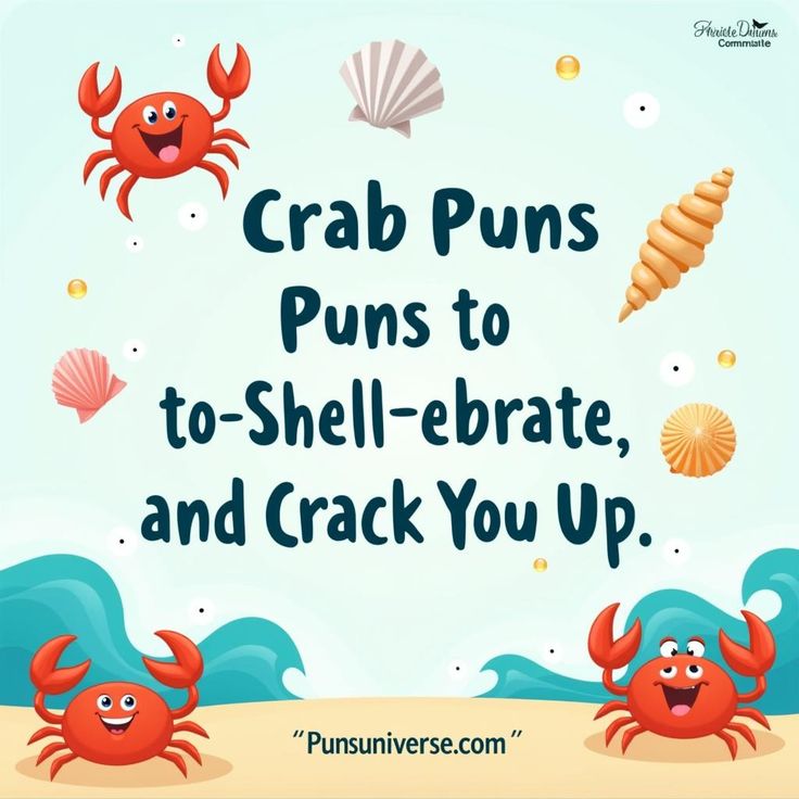 Get ready to dive into a sea of laughter with our collection of 141+ crab puns that are shore to shell-ebrate any occasion and crack you up! These crustacean-themed giggles are perfect for a pinch of humor in your day. Whether you're feeling crabby or just looking for a good pun-ch line, we’ve got you covered! Pin it now and share some clawsome fun with fellow pun enthusiasts. Let's get the crabsolut giggle fest started! 🦀😂 #puns #CrabJokes #ShellfishHumor #CrabHumor #FunnyPuns #PinOfTheDay #LaughterIsContagious #ShellYeah Seafood Quote, Crab Puns, Fish Puns, Dog Puns, Animal Puns, Best Puns, Jokes Funny, One Liner, Funny Puns