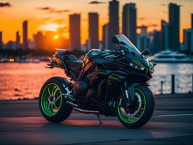 a motorcycle parked in front of a body of water with the sun setting behind it