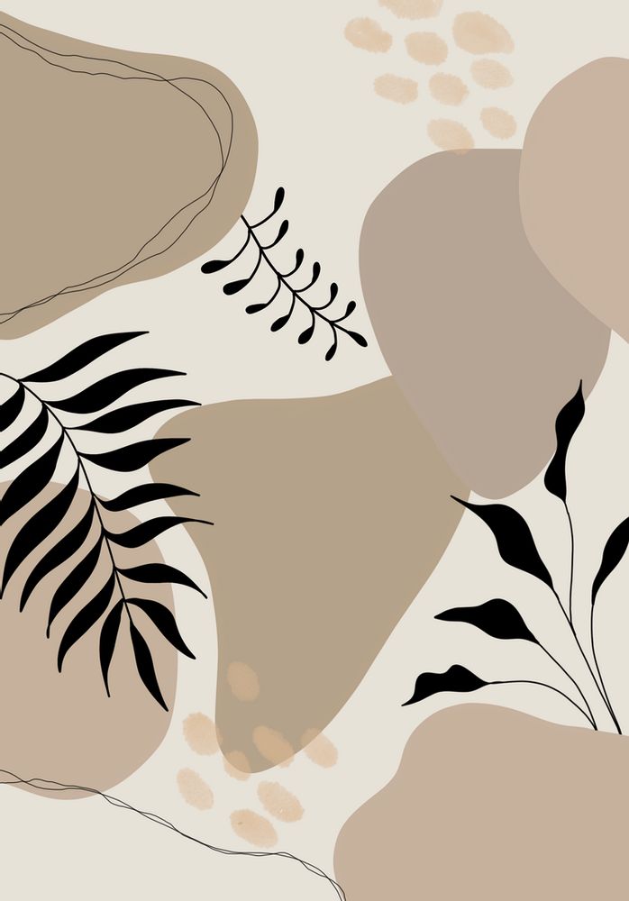 an abstract painting with black and beige leaves on white background, in the style of minimalism