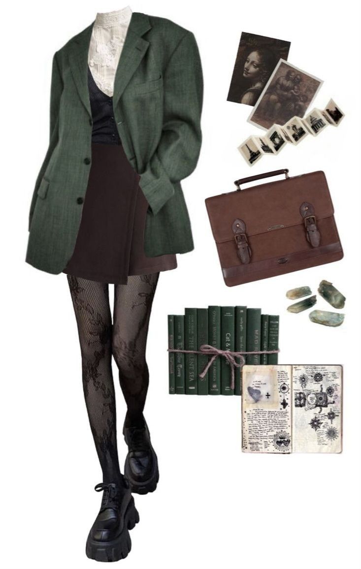 Cute Outfits Academia, Art Academia Outfits Aesthetic, Outfit Inspo Dark Aesthetic, Bookshop Outfit Aesthetic, Autumn Academia Aesthetic Outfit, Dark Green Outfits Aesthetic, Librariancore Outfits, Dark Academia Outfits For School, Writer Outfits Style