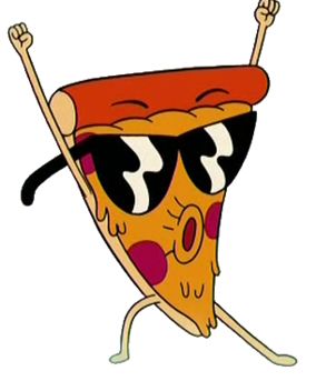 a slice of pizza with sunglasses on it's face and arms in the air