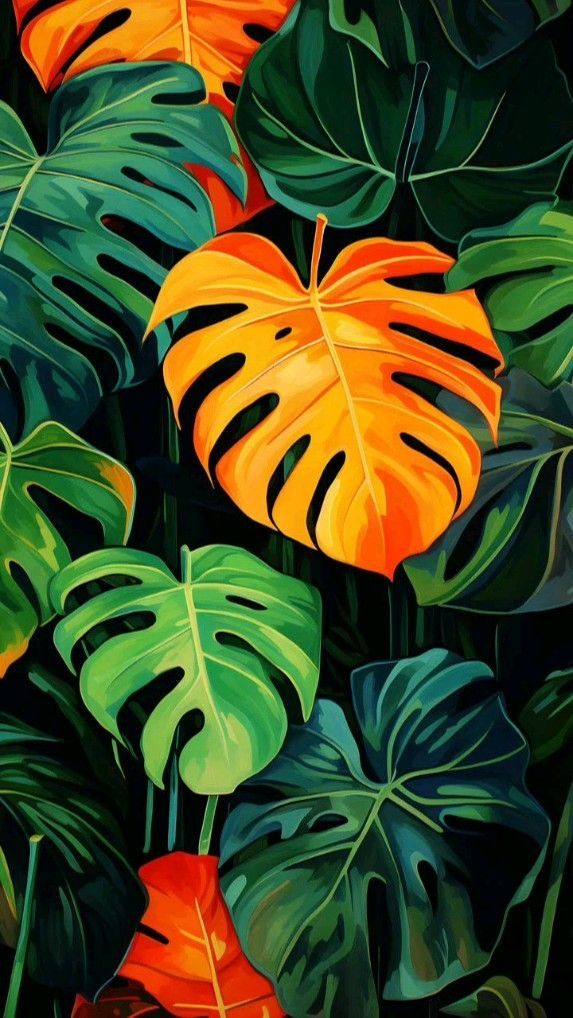 a painting of tropical plants with orange and green leaves