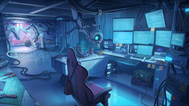 a computer room with lots of monitors and desks on the walls, all lit up by neon lights