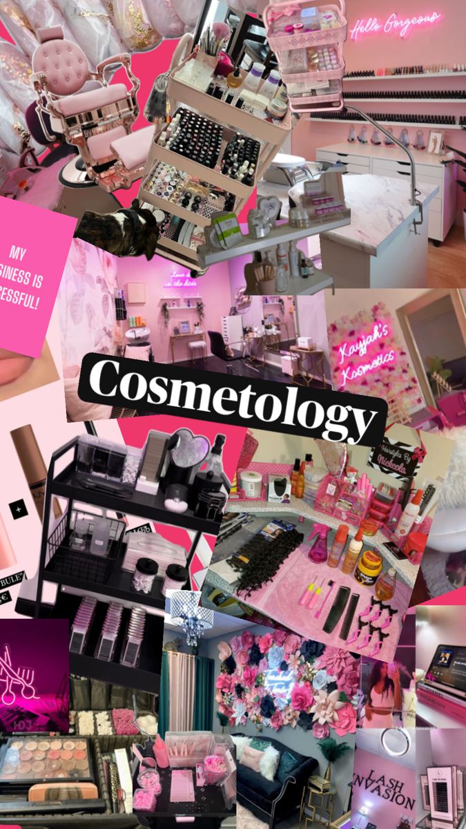 collage of cosmetics and makeup products with the words cosmetology above them