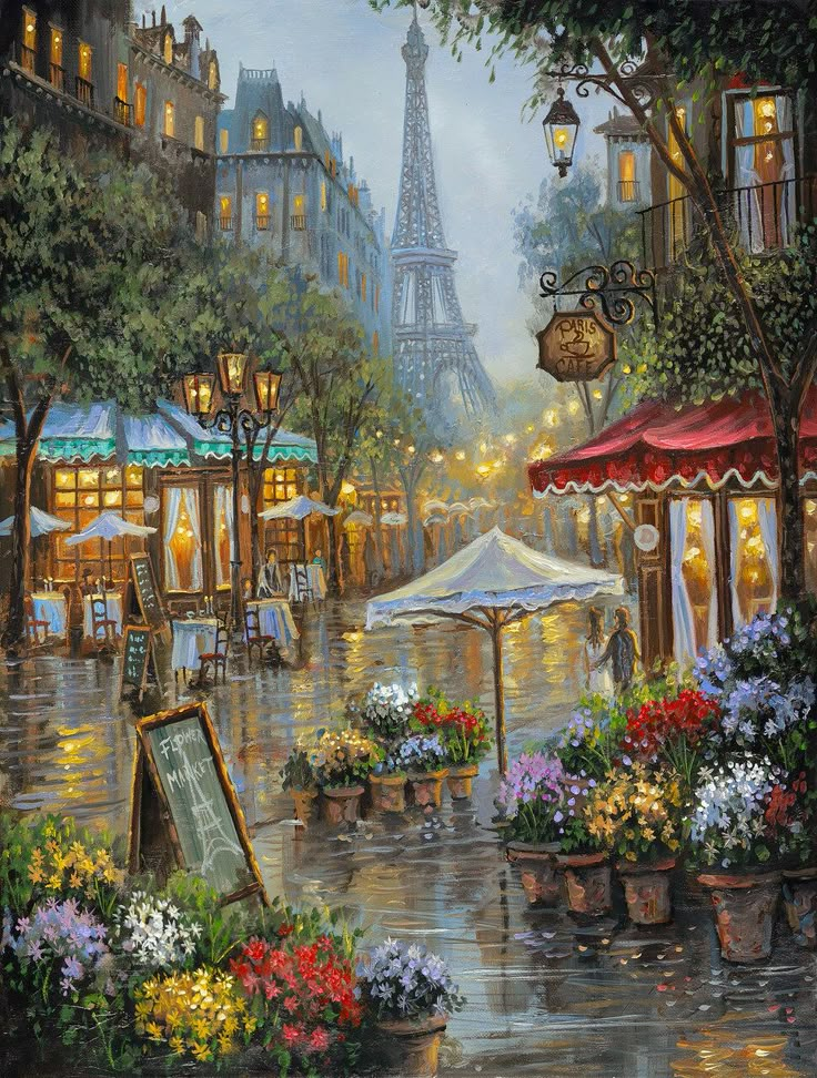 an oil painting of the eiffel tower in paris, france with flowers and umbrellas