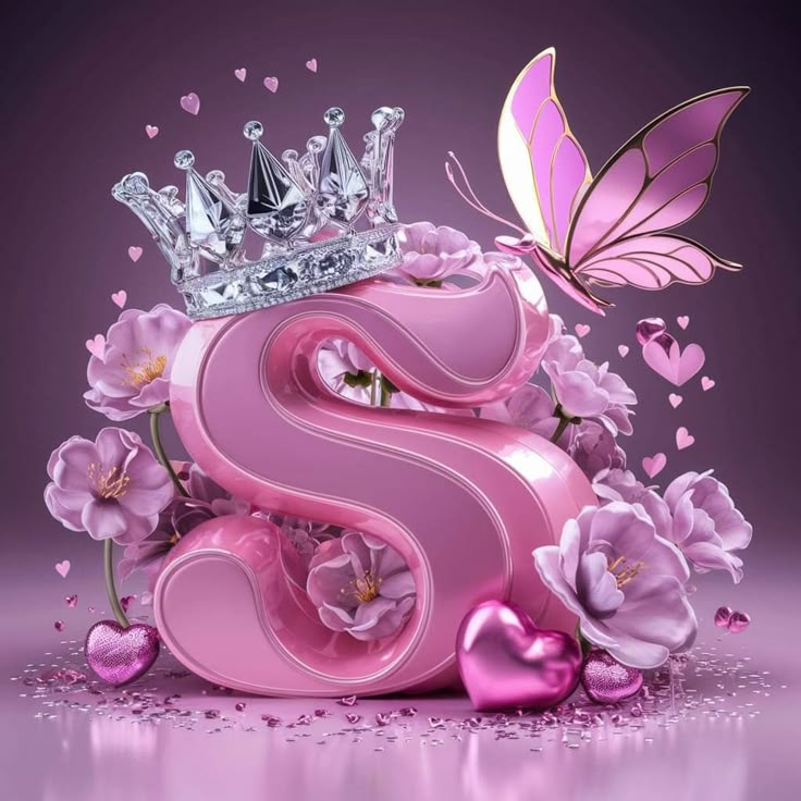 the letter s is surrounded by pink flowers and butterflies with a tiara on top