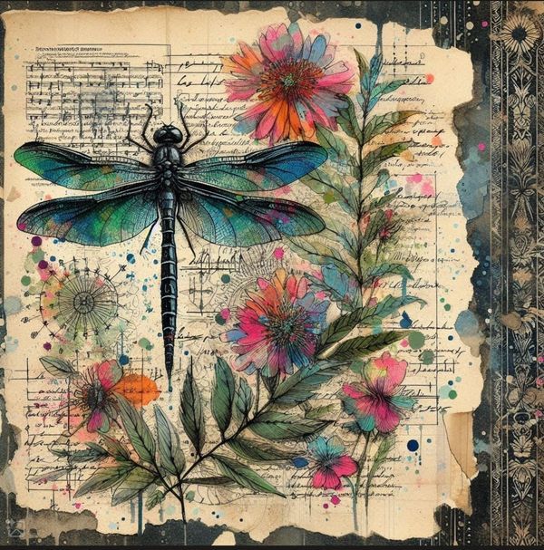 a dragonfly sitting on top of a piece of paper with flowers and leaves around it