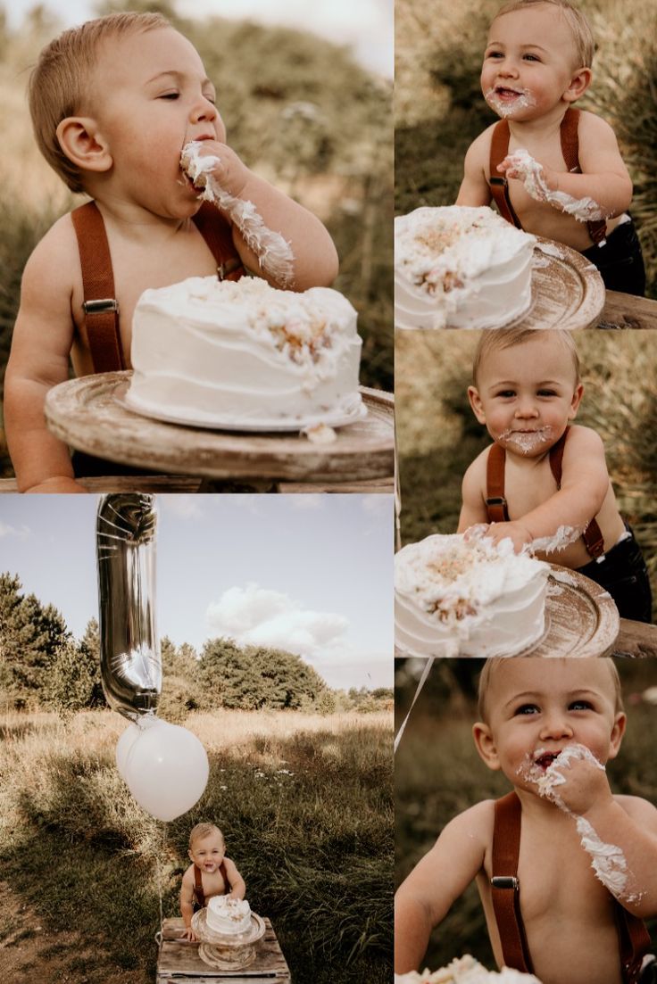 a collage of photos with a baby eating cake