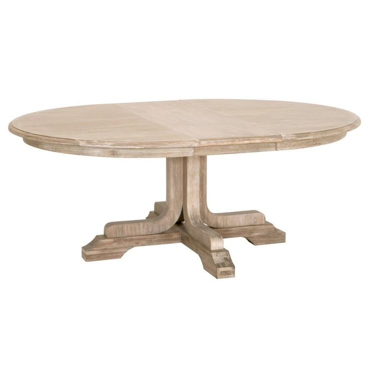 an oval wooden table with two leaves on the base and one leaf at the end