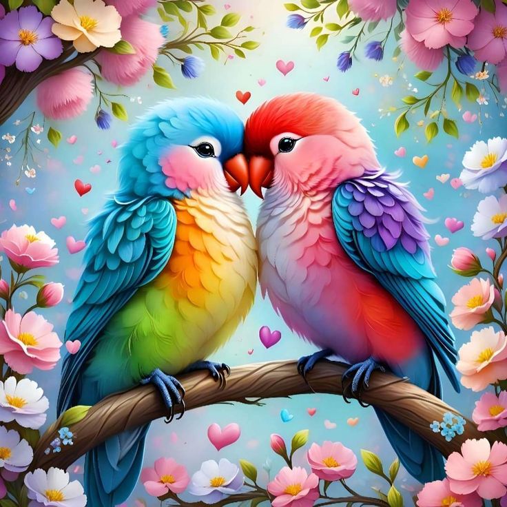 two colorful birds sitting on top of a tree branch with flowers and hearts in the background