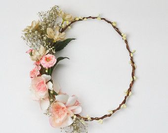 Boho flower crown filled with flocked greenery, cream/white blossoms and a light pink peony. This silk flower crown has beautiful elements all the way around the base. This floral crown is so versatile. Use it for a bohemian, shabby chic, rustic, or beach wedding; or, wear it for party. There are so many different ways you can style this hair accessory. Wear it with the floral portion in front, on the side, or in back with a veil! Perfect for weddings! These make great boho bridal accessories... Light Pink Peony, Peony Flower Crown, Baby's Breath Wedding, Silk Flower Crown, Wedding Decorating, Boho Flower Crown, Accessories Boho, Hair Accessories Boho, Blue Orchids