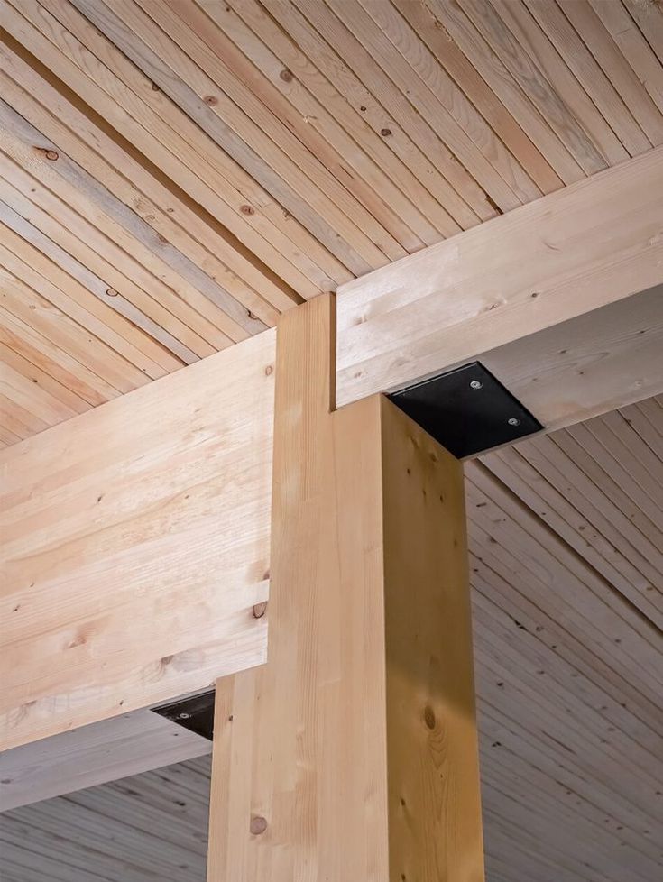 a wooden ceiling with metal brackets and wood slats