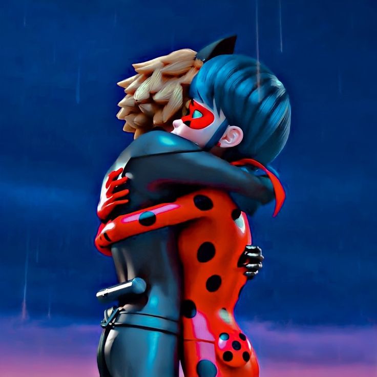 a painting of a ladybug hugging a man in the rain