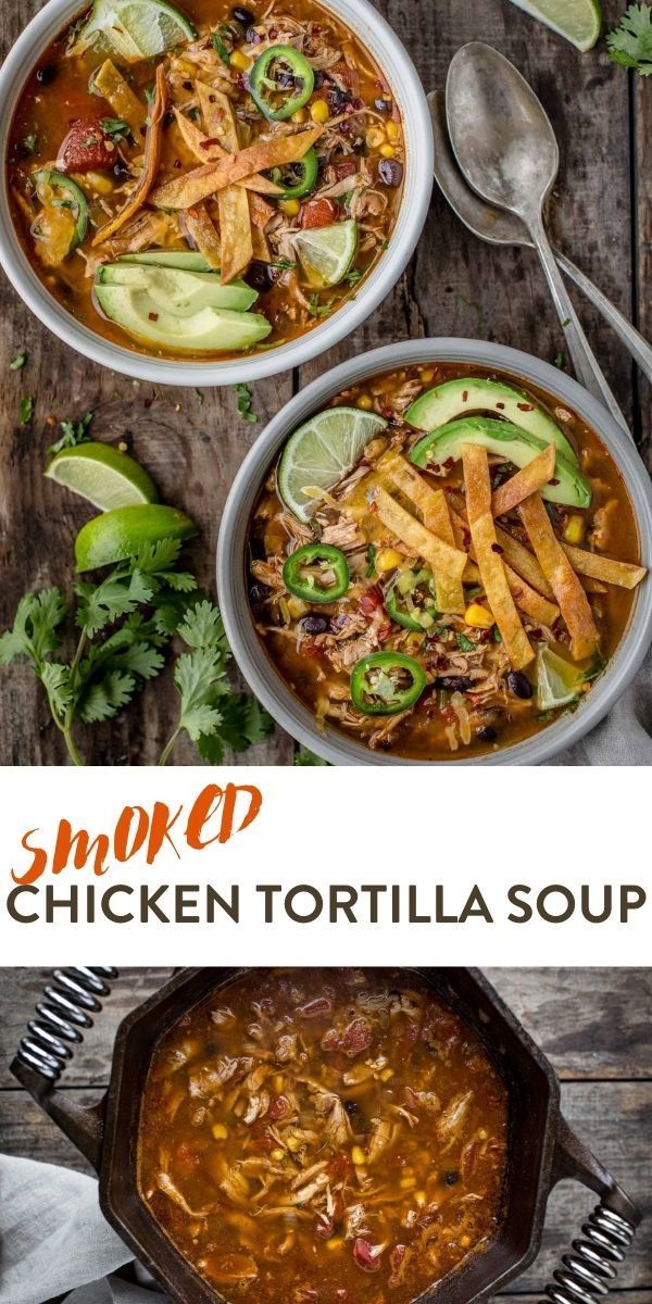 two bowls of chicken tortilla soup with avocado and cilantro