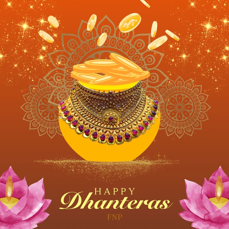 happy dhanteras greeting card with lotus flowers and gold jewelry on an orange background