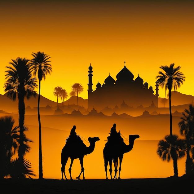 two people riding on camels in front of a desert landscape with palm trees and a mosque