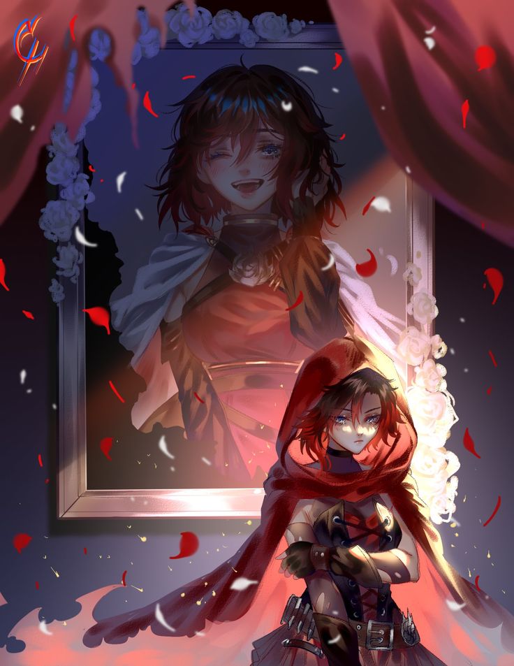 two anime characters standing next to each other in front of a mirror with red petals on it