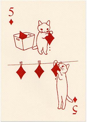 a playing card with an image of a cat on a string and the number 5