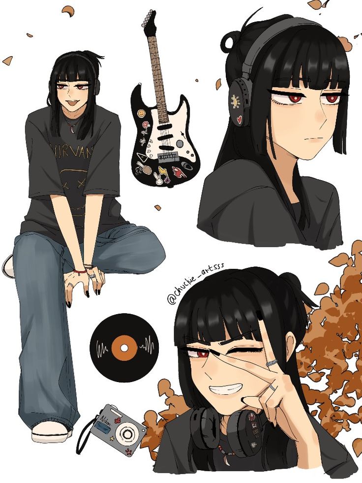 an anime character with black hair and headphones, sitting on the ground next to a guitar