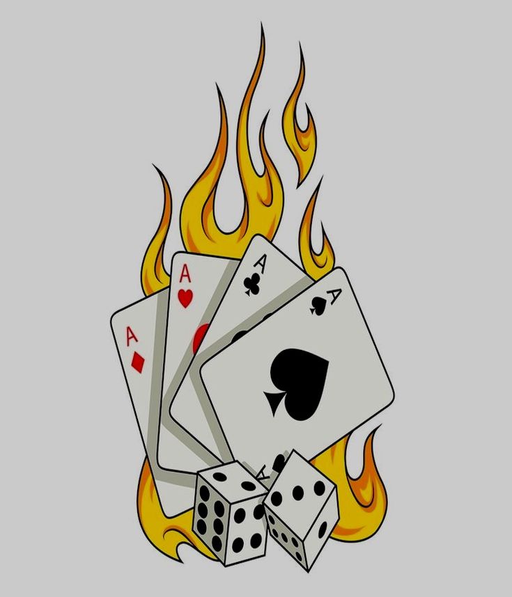 four playing cards on fire with dices