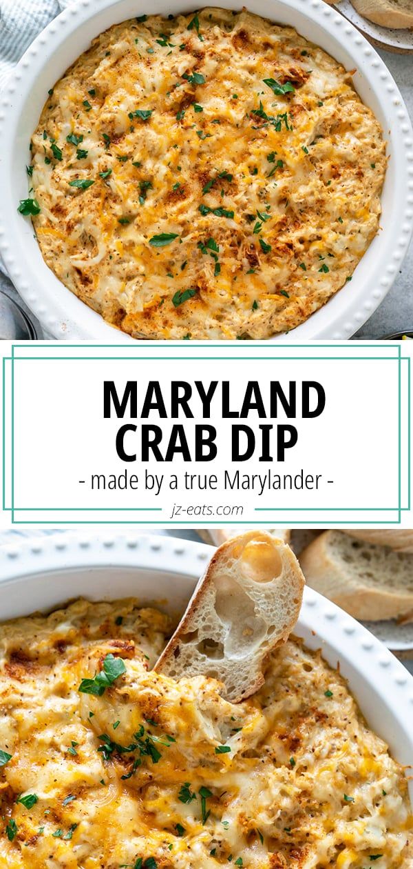 a close up of a casserole dish with bread on the side and text overlay that reads, maryland crab dip made by a true marylander