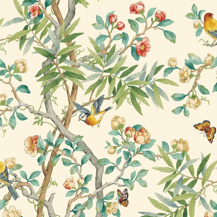 a wallpaper with birds and flowers on it