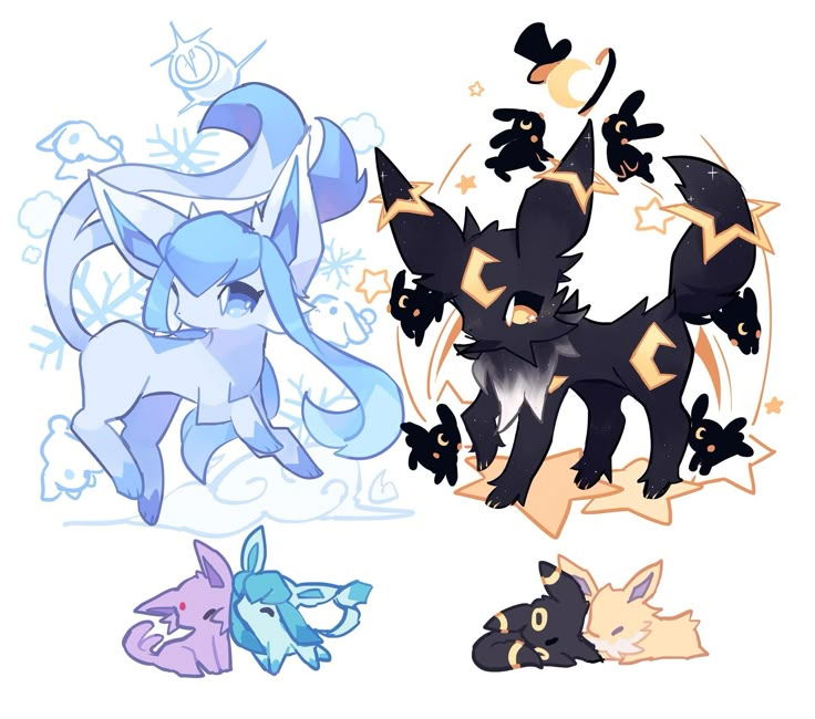 some very cute looking pokemons with different colors and shapes on their backs, one is black