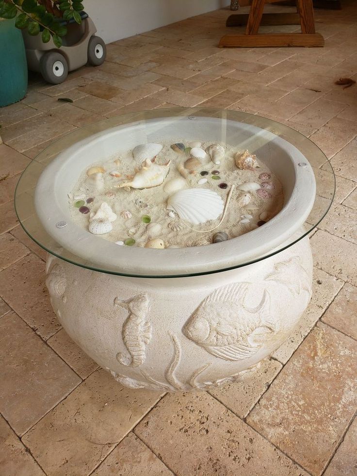 a bowl filled with shells sitting on top of a stone table next to a potted plant